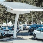 Eco-friendly solar panel charging station for electric vehicles outdoors.
