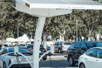 Eco-friendly solar panel charging station for electric vehicles outdoors.