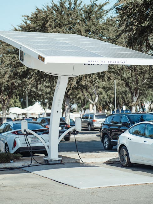 Eco-friendly solar panel charging station for electric vehicles outdoors.